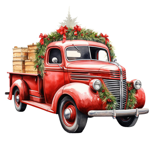red truck, vintage pickup, christmas decorations, evergreen garland, red ribbons, wooden crates, fabric panel, quilting cotton, holiday theme, festive design, automotive illustration, retro vehicle, chrome bumper, pine branches, red berries, seasonal motif, truck bed cargo, white background, nostalgic artwork, winter holiday
