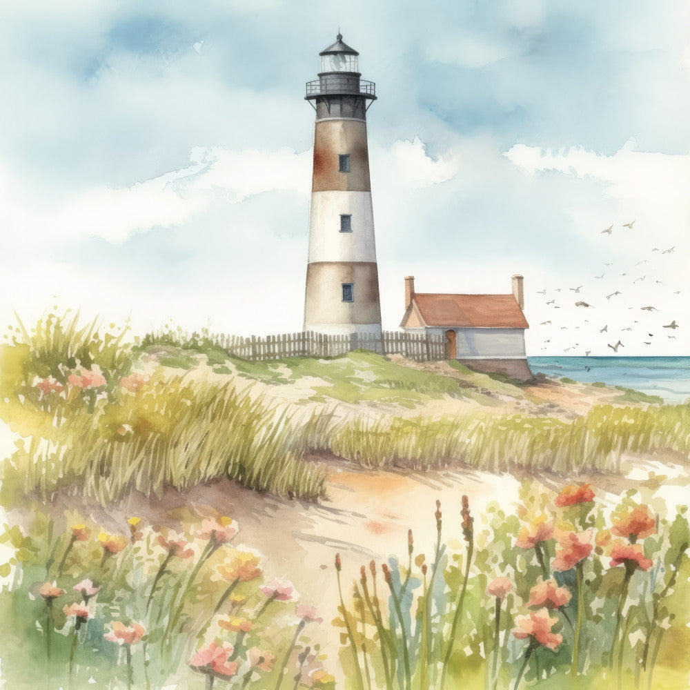 lighthouse, coastal, beach scene, nautical, seaside cottage, sand dunes, beach grass, wildflowers, coral pink, soft blue, cream, tan, beige, sage green, watercolor, scenic, cottage core, vintage, whimsical, pastoral, coastal living, summer, spring, nature, birds, sky, ocean, traditional, elegant, wall hanging