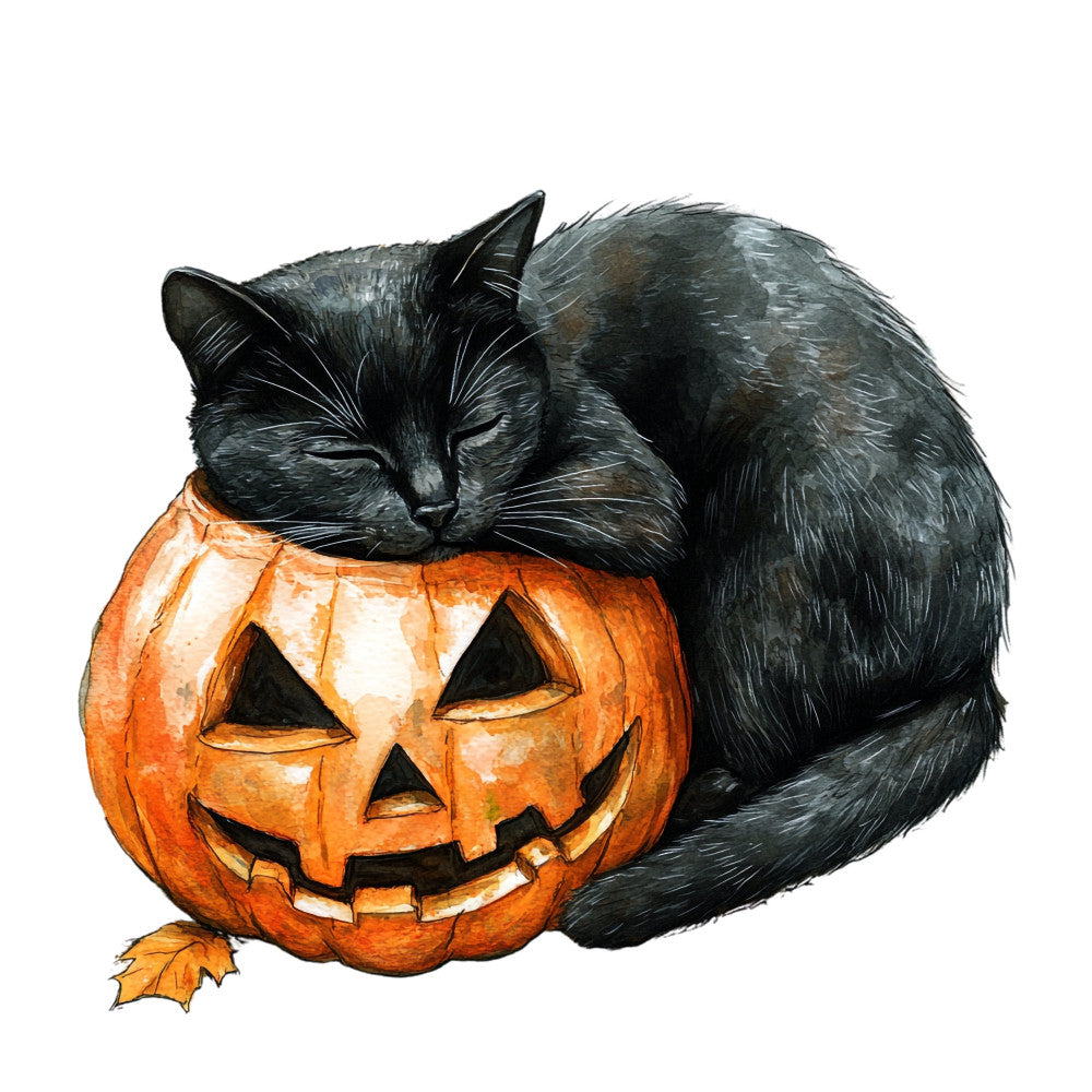 halloween, black cat, jack-o-lantern, pumpkin, orange, black, autumn, fall, holiday, whimsical, festive, spooky, cute, animal, cat, seasonal, october, trick-or-treat, carved pumpkin, sleeping cat, cozy, traditional, wall hanging, home decor, children's, kids, playful, dark orange, charcoal black