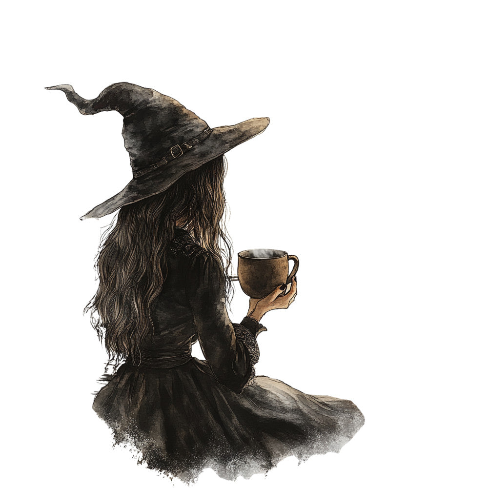 watercolor, witch, black hat, pointed hat, long hair, brown mug, coffee cup, sitting pose, dark robes, earth tones, sepia, vintage style, mystical, magical, halloween, autumn, fabric panel, quilting cotton, whimsical illustration, fantasy character