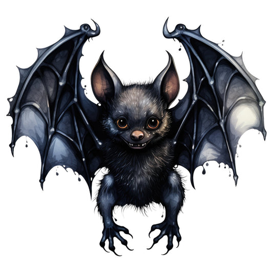 black bat, gothic, halloween, spooky, supernatural, creature, winged animal, dark blue, charcoal gray, amber eyes, fangs, pointed ears, membranes, wings, nocturnal, horror, whimsical, creepy cute, fantasy, dark fantasy, celestial, night theme, autumn, october, scary, enchanted, mystical, bat motif