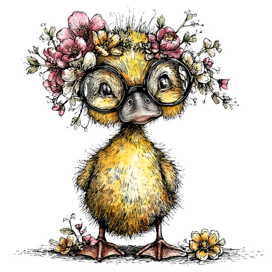 whimsical duck, glasses, floral crown, pink flowers, yellow duck, animal illustration, botanical, spring, nature, farmhouse, cute animals, birds, flowers, ink drawing, vintage style, whimsical animals, garden theme, cottage core, humor, character design, baby, children's, playful, illustrated animals, forest green, cream background, dusty pink, golden yellow, black ink, decorative motif