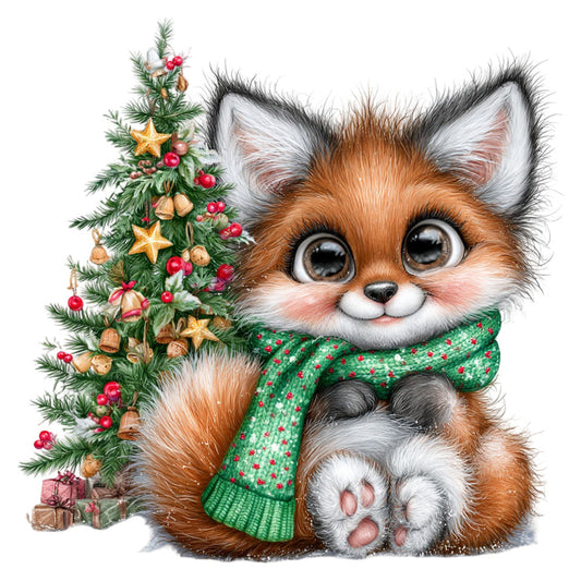 adorable fox, animal print, christmas, festive, forest green, holiday, knit scarf, large format panel, needle felted, red berries, red ornaments, reindeer, rustic, scallop edge, sequin, sparkle, star ornaments, whimsical, winter, woodland creature, brown, cream, gold stars, green, red, sweet animal, cute, decorative, quilting fabric