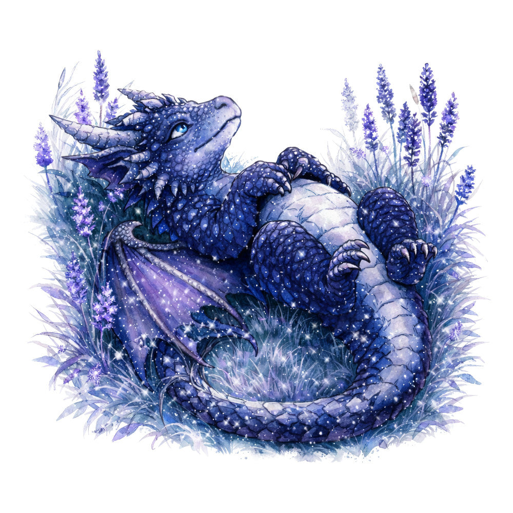 lavender, purple, deep blue, navy blue, indigo, celestial, dragon, fantasy, magical, whimsical, nature, flowers, floral, dreamy, enchanted, sparkle, starry, mystical, creature, animal, garden, botanical, elegant, storybook, watercolor, lavender flowers, night sky, cosmic, wonder, illustration art
