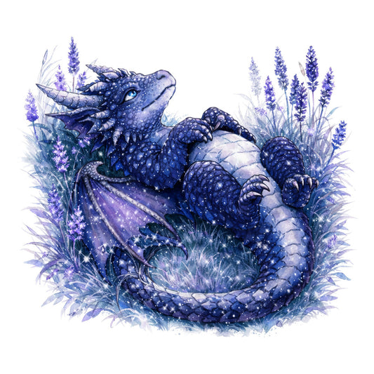lavender, purple, deep blue, navy blue, indigo, celestial, dragon, fantasy, magical, whimsical, nature, flowers, floral, dreamy, enchanted, sparkle, starry, mystical, creature, animal, garden, botanical, elegant, storybook, watercolor, lavender flowers, night sky, cosmic, wonder, illustration art