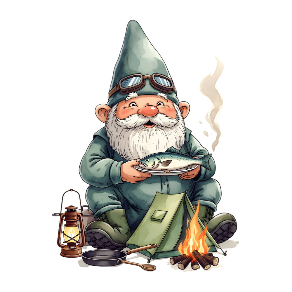 gnome, fishing, camping, outdoor adventure, forest green, sage green, teal, cream, tan, brown, rustic, whimsical, novelty, landscape, nature, cabin, lodge, summer, autumn, fishing themed, campfire, tent, lantern, fish, bearded gnome, charming, folk art, traditional, woodsy, adventure theme