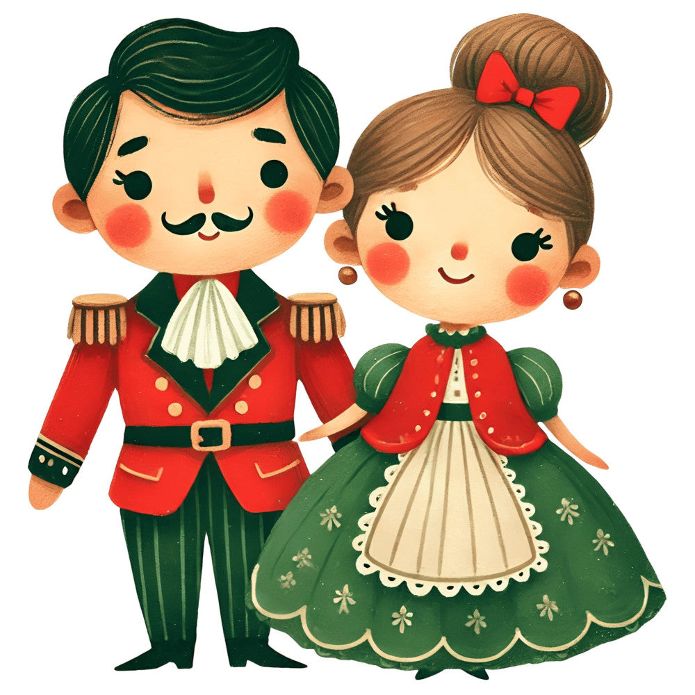 forest green, red, cream, gold, vintage, whimsical, retro, couple, romantic, holiday, christmas, nutcracker, military uniform, dance, festive, traditional, elegant, cute, illustration, novelty, children's, storybook, classic, decorative, charming, hand-drawn, festive couple, seasonal, winter holiday