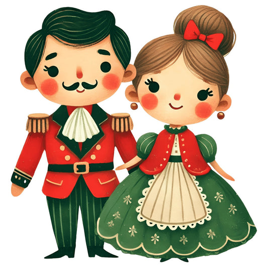 forest green, red, cream, gold, vintage, whimsical, retro, couple, romantic, holiday, christmas, nutcracker, military uniform, dance, festive, traditional, elegant, cute, illustration, novelty, children's, storybook, classic, decorative, charming, hand-drawn, festive couple, seasonal, winter holiday
