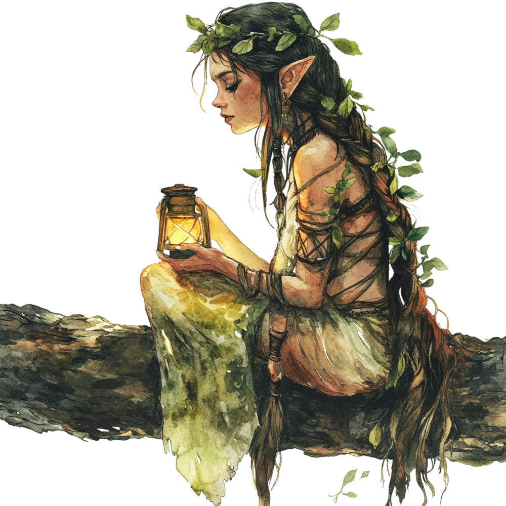 fantasy elf, woodland creature, nature inspired, forest green, olive green, cream, tan, bronze, earthy tones, botanical, leaves, ivy, vines, ethereal, whimsical, bohemian, fantasy art, mystical, lantern, magical, portrait, figure, illustration style, fantasy character, nature lover, enchanted forest, rustic elegant, artistic, decorative panel, wall art