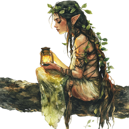 fantasy elf, woodland creature, nature inspired, forest green, olive green, cream, tan, bronze, earthy tones, botanical, leaves, ivy, vines, ethereal, whimsical, bohemian, fantasy art, mystical, lantern, magical, portrait, figure, illustration style, fantasy character, nature lover, enchanted forest, rustic elegant, artistic, decorative panel, wall art