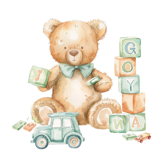 teddy bear, sage green, cream, soft peachy tan, alphabet blocks, toy car, nursery, baby, whimsical, cute, gentle, soft, pastel, children's, infant, boy's, building blocks, vintage toy, playful, storybook style, watercolor, illustrated, sweet, tender, soft muted tones, gender neutral, newborn, baby boy, decorative panel, wall art