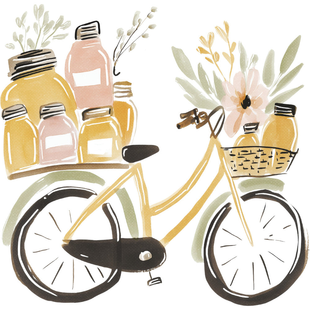 cream, yellow, dusty rose, sage green, black, botanical, floral, bicycle, vintage, whimsical, nature, spring, summer, bohemian, modern, rustic, daisy flower, wildflowers, leaves, branches, essential oils, apothecary, herb garden, basket weave, hand-painted, cottagecore, farmhouse, nature lover, botanical illustration, flower arrangement