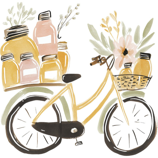cream, yellow, dusty rose, sage green, black, botanical, floral, bicycle, vintage, whimsical, nature, spring, summer, bohemian, modern, rustic, daisy flower, wildflowers, leaves, branches, essential oils, apothecary, herb garden, basket weave, hand-painted, cottagecore, farmhouse, nature lover, botanical illustration, flower arrangement