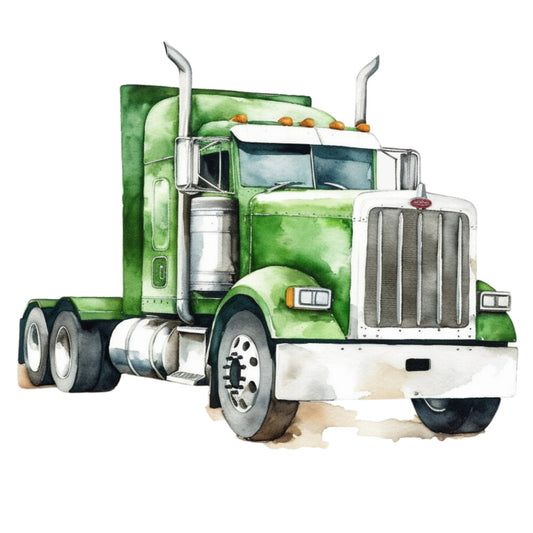 watercolor, semi truck, green truck, transportation, vehicle, truck cab, chrome details, orange lights, exhaust stacks, fabric panel, quilting cotton, automotive art, big rig, eighteen wheeler, forest green, mint green, silver chrome, white cab, realistic illustration, trucking theme