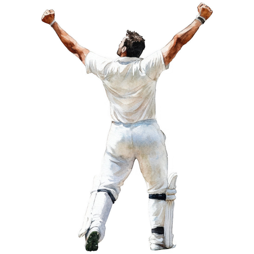sports, cricket, athletic, victory, celebration, triumph, champion, winning, team sports, cricket player, batsman, white cricket uniform, cream, light blue, tan, beige, masculine, action pose, motivational, inspirational, sports enthusiast, gifts for cricket fans, cricket themed, recreational sports, competitive sports, athletic wear, casual style, men's themes