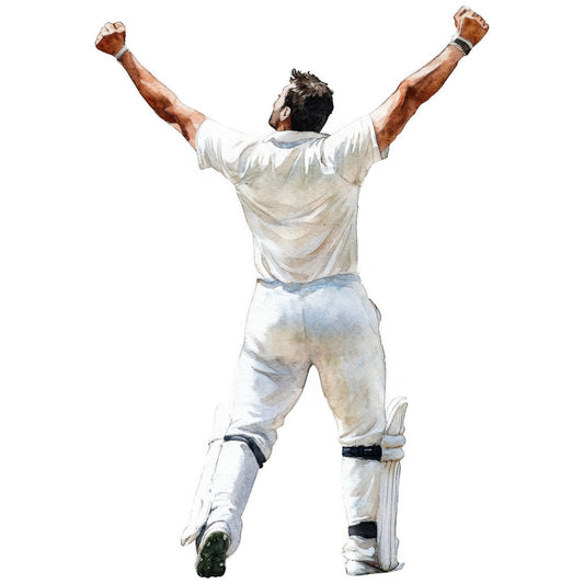 sports, cricket, athletic, victory, celebration, triumph, champion, winning, team sports, cricket player, batsman, white cricket uniform, cream, light blue, tan, beige, masculine, action pose, motivational, inspirational, sports enthusiast, gifts for cricket fans, cricket themed, recreational sports, competitive sports, athletic wear, casual style, men's themes