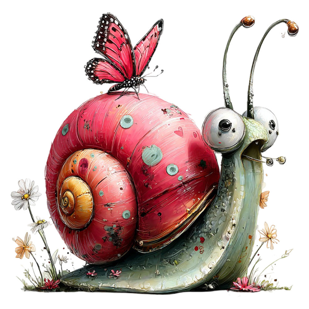 hot pink, coral pink, cream, sage green, golden yellow, steampunk snail, butterfly, whimsical, fantasy, nature, insects, mechanical, garden, flowers, daisies, spring, summer, children's, storybook, imaginative, magical, playful, illustration art, vintage inspired, cottage core, animal lovers, nature lovers, decorative panel, wall art, nursery