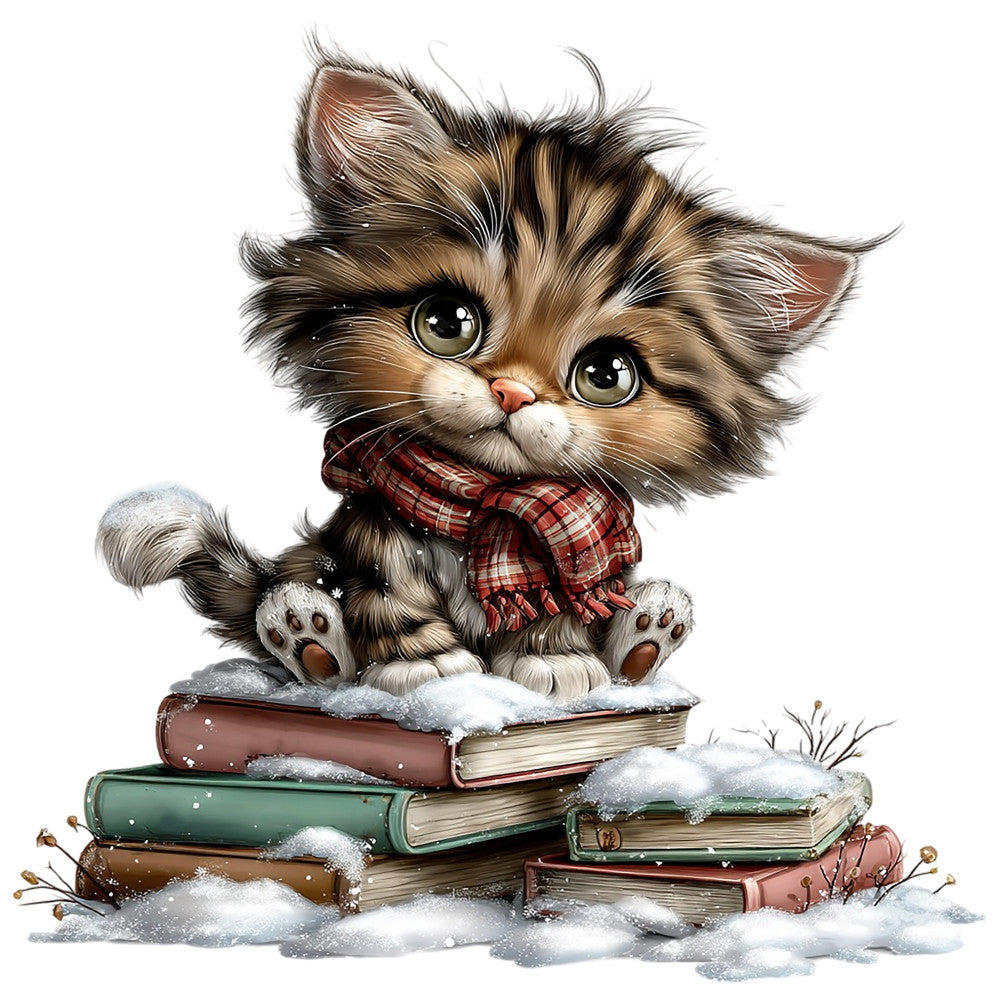 fluffy kitten, tabby cat, winter theme, snow, books, plaid scarf, cozy, whimsical, cute animals, children's design, cream, brown, forest green, burgundy red, rust orange, holiday, christmas, festive, literary, storybook, vintage, rustic charm, winter wonderland, large panel, baby quilt, wall hanging, nursery decor, soft and cuddly, playful style