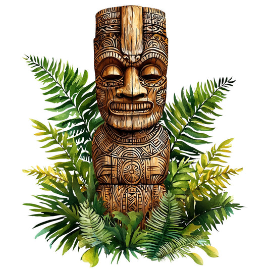 tiki statue, tropical plants, fern leaves, palm fronds, brown wood carving, green foliage, polynesian design, tribal patterns, hawaiian theme, carved mask, jungle vegetation, tropical paradise, fabric panel, quilting cotton, island decor, exotic motifs, natural wood tones, lush greenery, ceremonial figure, pacific culture
