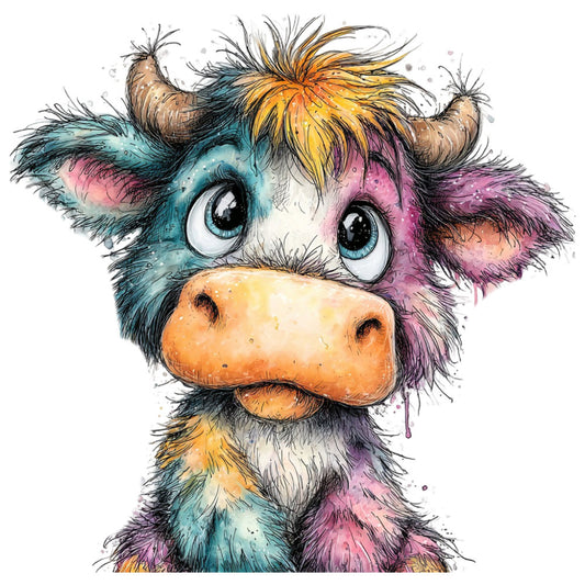 colorful, whimsical, cow, animal, multicolor, turquoise, pink, purple, orange, yellow, teal, mauve, watercolor, painted, artistic, modern, playful, farmhouse, children's, adorable, cute, quirky, abstract, splatter, expressive, livestock, bovine, illustrative, character, portrait