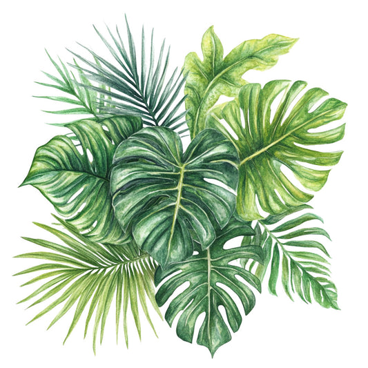 tropical leaves, monstera, palm fronds, botanical, jungle, rainforest, foliage, green, forest green, sage green, lime green, leaf pattern, nature, naturalistic, tropical theme, tropical plants, exotic, lush, verdant, leafy, botanical illustration, watercolor style, detailed, organic, bohemian, modern botanical, home decor, wall hanging, upholstery, spring