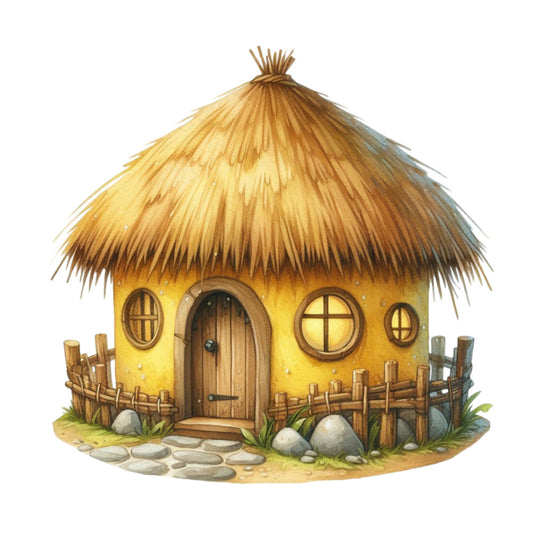 whimsical, storybook, fairy tale, yellow, golden yellow, brown, thatched roof, cottage, mushroom house, fantasy, children's, illustration, cute, playful, woodland, magical, rustic, charming, adventure, children's book, nursery, baby quilt, wall hanging, decorative, character fabric, tan, cream, nature inspired, enchanted forest