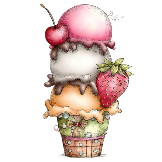 ice cream cone, pink, cream, strawberry, cherry, chocolate, vanilla, whimsical, sweet treats, dessert, food theme, summer, spring, children's, playful, cute, pastel colors, sage green, coral pink, charming, illustrated, storybook, novelty, themed panel, decorative, fruit motifs, bakery, vintage whimsy