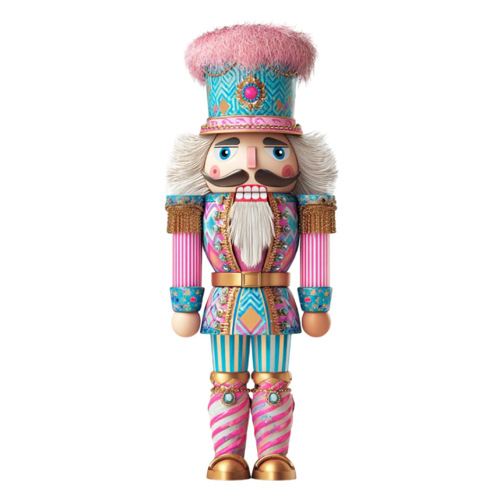 nutcracker, holiday, christmas, whimsical, festive, turquoise, pink, magenta, gold, cream, striped, geometric, chevron, floral, ornamental, traditional, vintage, toy soldier, decorative, playful, colorful, multi-colored, winter, seasonal, wall hanging, home decor, novelty print, bold, vibrant, enchanted