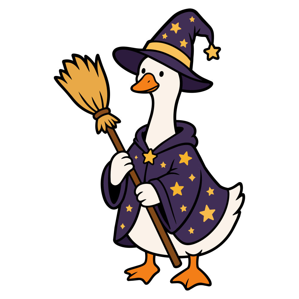 wizard duck, magical duck, purple and gold, navy purple, golden yellow, stars, wizard hat, broomstick, whimsical, celestial, animal, bird, duck, halloween, fantasy, magical, enchanted, spell, witch theme, fall, autumn, children's fabric, kids, novelty, character panel, storybook, charming, playful
