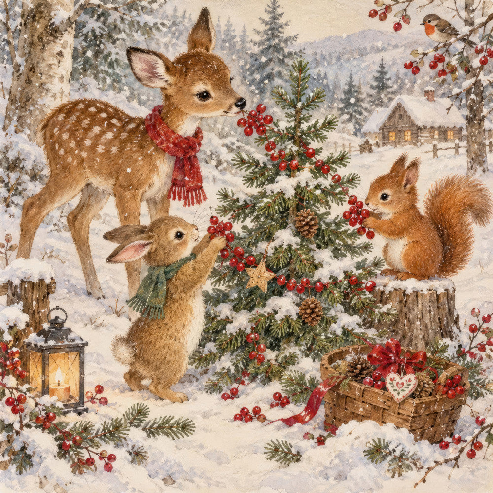 winter animals, christmas, snow scene, deer, rabbit, squirrel, forest green, cream, red berries, gold accents, natural, rustic, woodland, holiday, festive, vintage, whimsical, nature, evergreen, pine cones, lantern, robin, traditional, snowy landscape, cozy, cabin, cottage core, seasonal, berries and branches