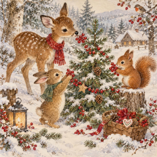 winter animals, christmas, snow scene, deer, rabbit, squirrel, forest green, cream, red berries, gold accents, natural, rustic, woodland, holiday, festive, vintage, whimsical, nature, evergreen, pine cones, lantern, robin, traditional, snowy landscape, cozy, cabin, cottage core, seasonal, berries and branches