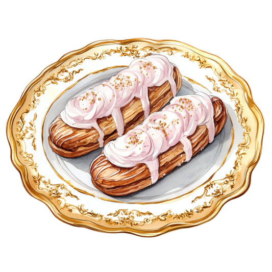 rose gold, blush pink, cream, chocolate brown, gold trim, food, desserts, pastries, eclairs, whimsical, elegant, vintage, ornate, decorative border, gourmet, bakery, french, luxury, fancy, sophisticated, sweet treats, indulgent, patisserie, girly, feminine, spring, dessert theme, kitchen décor, novelty, culinary
