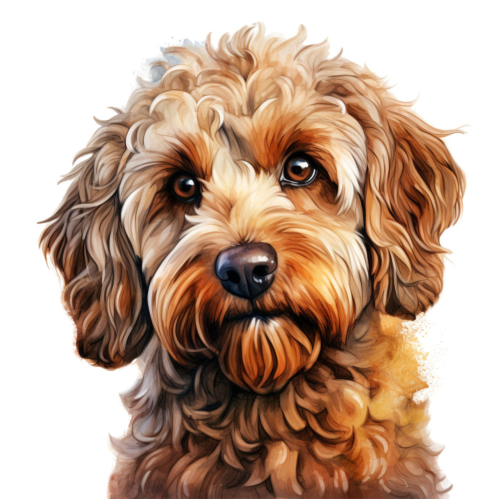 apricot, tan, cream, chocolate brown, rust orange, warm brown, dog portrait, doodle poodle, puppy, pet lover, animal, cute dog, fluffy, shaggy coat, spaniel, whimsical, playful, friendly, charming, illustration style, artistic, realistic portrait, companion animal, pet themed, dog lover gift, animal lover, curly hair dog, sweet expression, warm tones