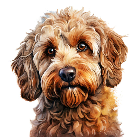 apricot, tan, cream, chocolate brown, rust orange, warm brown, dog portrait, doodle poodle, puppy, pet lover, animal, cute dog, fluffy, shaggy coat, spaniel, whimsical, playful, friendly, charming, illustration style, artistic, realistic portrait, companion animal, pet themed, dog lover gift, animal lover, curly hair dog, sweet expression, warm tones
