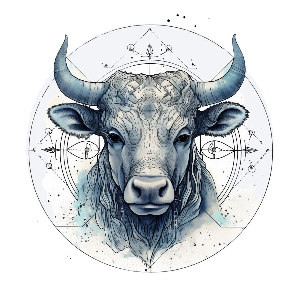 taurus, zodiac, bull, celestial, mystical, spiritual, geometric, sacred geometry, blue, slate blue, navy blue, watercolor, boho, bohemian, modern, elegant, occult, astrological, horns, animal portrait, mandala, symmetrical, ink wash, constellation, mystique, ethereal, sophisticated, artistic, spiritual symbols, esoteric