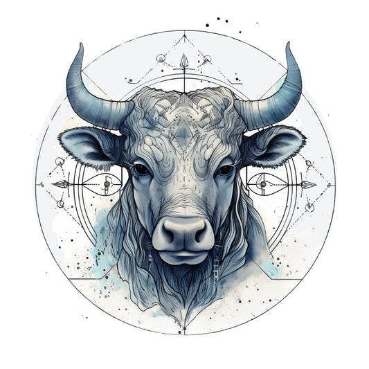 taurus, zodiac, bull, celestial, mystical, spiritual, geometric, sacred geometry, blue, slate blue, navy blue, watercolor, boho, bohemian, modern, elegant, occult, astrological, horns, animal portrait, mandala, symmetrical, ink wash, constellation, mystique, ethereal, sophisticated, artistic, spiritual symbols, esoteric