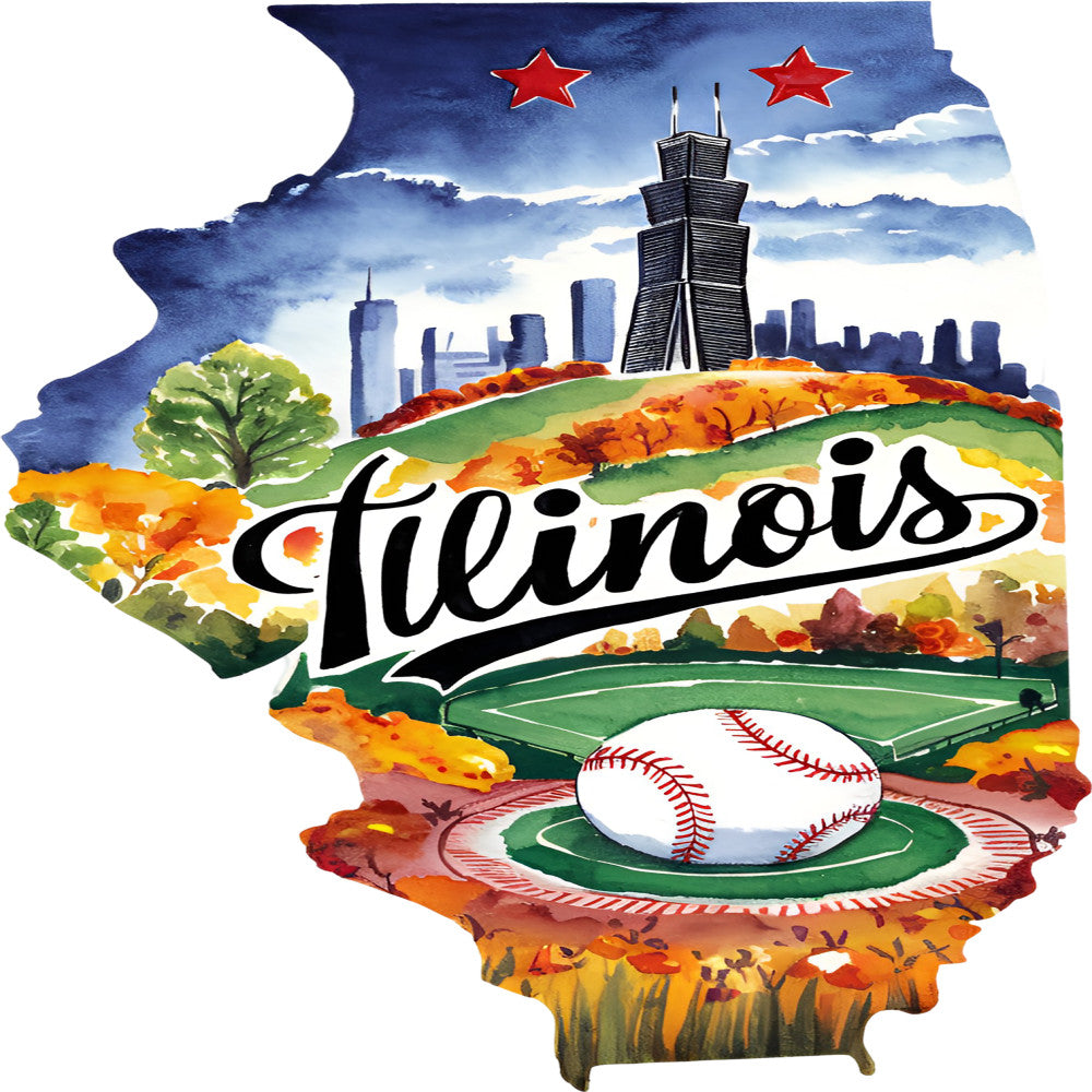 Classic US States Fabric Panel 30 featuring Illinois state shape with Chicago skyline, fall foliage, and baseball field illustration.
