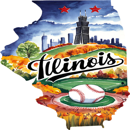 Classic US States Fabric Panel 30 featuring Illinois state shape with Chicago skyline, fall foliage, and baseball field illustration.