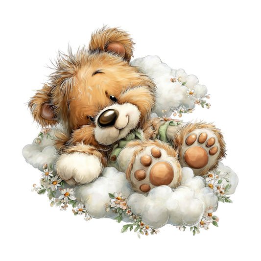 fluffy animal, cute bear, teddy bear, brown and white, cream, soft pastels, whimsical, adorable, daisy flowers, floral, cloud motif, paw pads, sweet, gentle, baby quilt, nursery, children's, springtime, nature inspired, woodland, soft colors, illustrative, storybook, decorative panel, wall hanging, gender neutral, charming, playful, kids fabric, light hearted