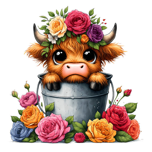 Cute Highland Cows in Buckets Fabric Panel 12 showing an adorable cow with flowers in a bucket on premium quilting cotton.