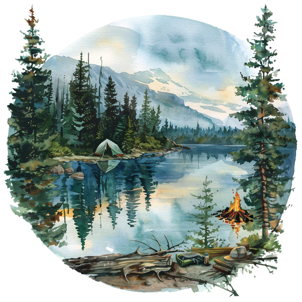 watercolor painting, mountain landscape, alpine lake, camping tent, campfire, evergreen trees, pine forest, blue water reflections, cloudy sky, peaceful nature scene, outdoor adventure, wilderness camping, fabric panel, quilting cotton, summer camping, tranquil lakeside, mountain vista, forest green, soft blues, natural scenery