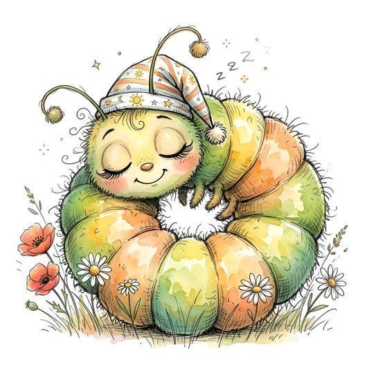 cute bee, sleeping bee, whimsical animal, nature illustration, spring, summer, sage green, soft yellow, coral orange, cream, pastel colors, floral, daisies, poppies, flowers, celestial, stars, moon, sun, nightcap, sleeping, dreamy, children's, baby, storybook illustration, botanical, garden, nature-inspired, soft and sweet, gentle