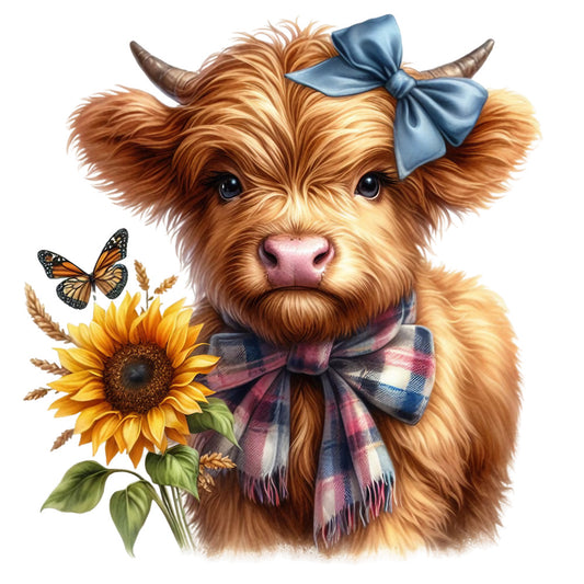 Rustic Sunflower Highland Cows Fabric Panel 23