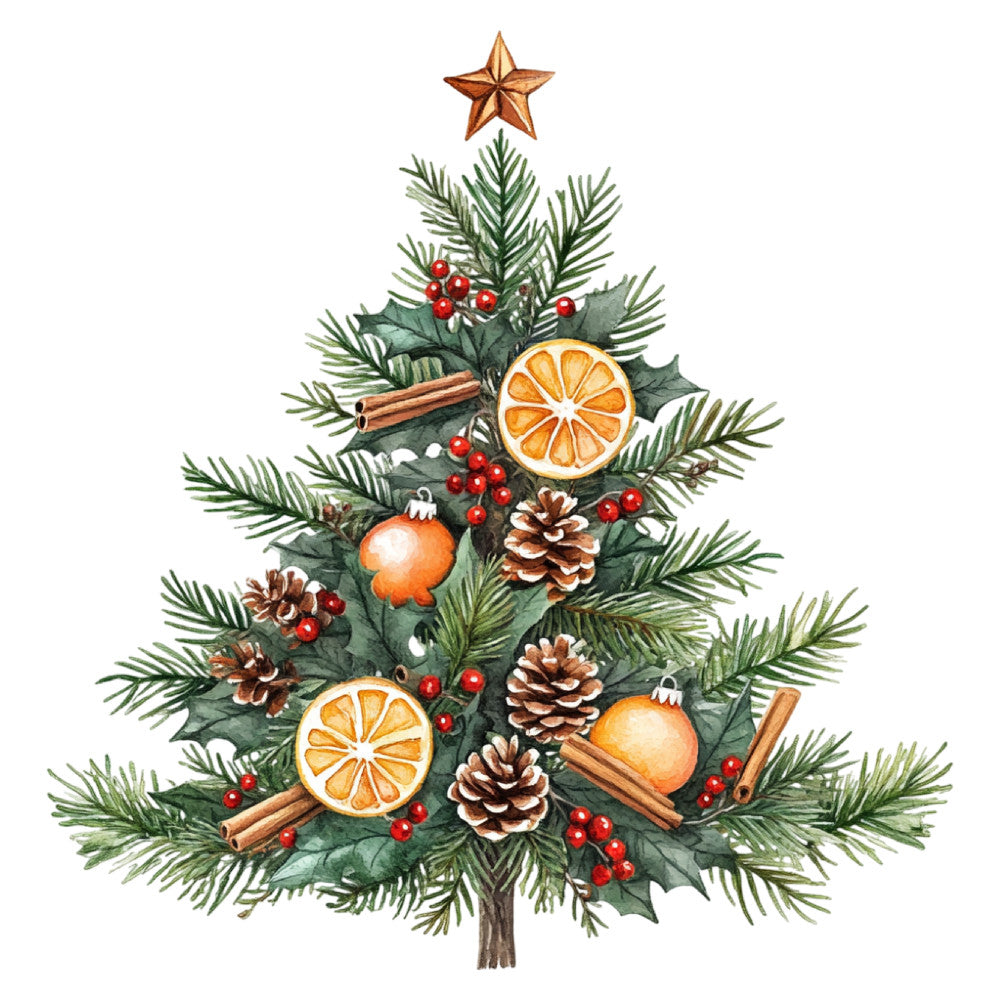 christmas tree, holiday, festive, evergreen, pine branches, cinnamon sticks, orange slices, citrus, red berries, holly berries, pinecones, gold star, ornaments, rustic, traditional, winter, seasonal, natural, botanical, warm neutrals, forest green, burnt orange, gold, cream, red accents, whimsical, elegant, nature-inspired, decorative, wall hanging