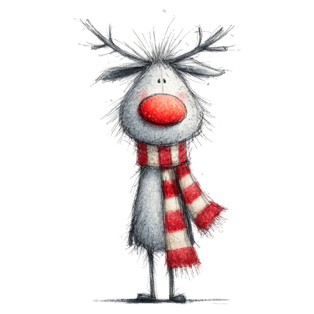 reindeer, red nose, whimsical, christmas, holiday, children's, cute, sketch, hand-drawn, gray, grey, red and white, plaid, striped scarf, festive, winter, novelty, character fabric, kid's quilt, storybook, playful, rustic charm, traditional holiday, printed design, animal motif, seasonal, cheerful
