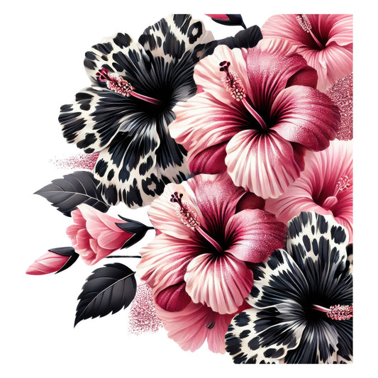 black and white, hot pink, magenta, dusty rose, pale pink, hibiscus, floral, leopard print, animal print, spotted, nature, botanical, tropical, modern, elegant, feminine, bold, vibrant, hibiscus flowers, stamens, layered petals, spring, summer, wall hanging, home decor, contemporary, garden, large scale print, statement print