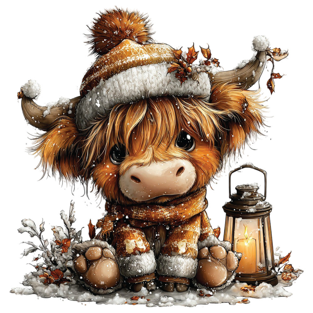 christmas highland cow, winter scene, orange fur, brown tones, cream white, cozy knit hat, pom pom, scarf, lantern, candlelight, snow flakes, autumn leaves, fabric panel, quilting cotton, adorable animal, cute illustration, holiday themed, festive design, warm colors, sitting pose