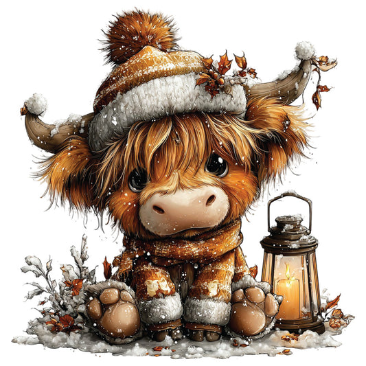 christmas highland cow, winter scene, orange fur, brown tones, cream white, cozy knit hat, pom pom, scarf, lantern, candlelight, snow flakes, autumn leaves, fabric panel, quilting cotton, adorable animal, cute illustration, holiday themed, festive design, warm colors, sitting pose