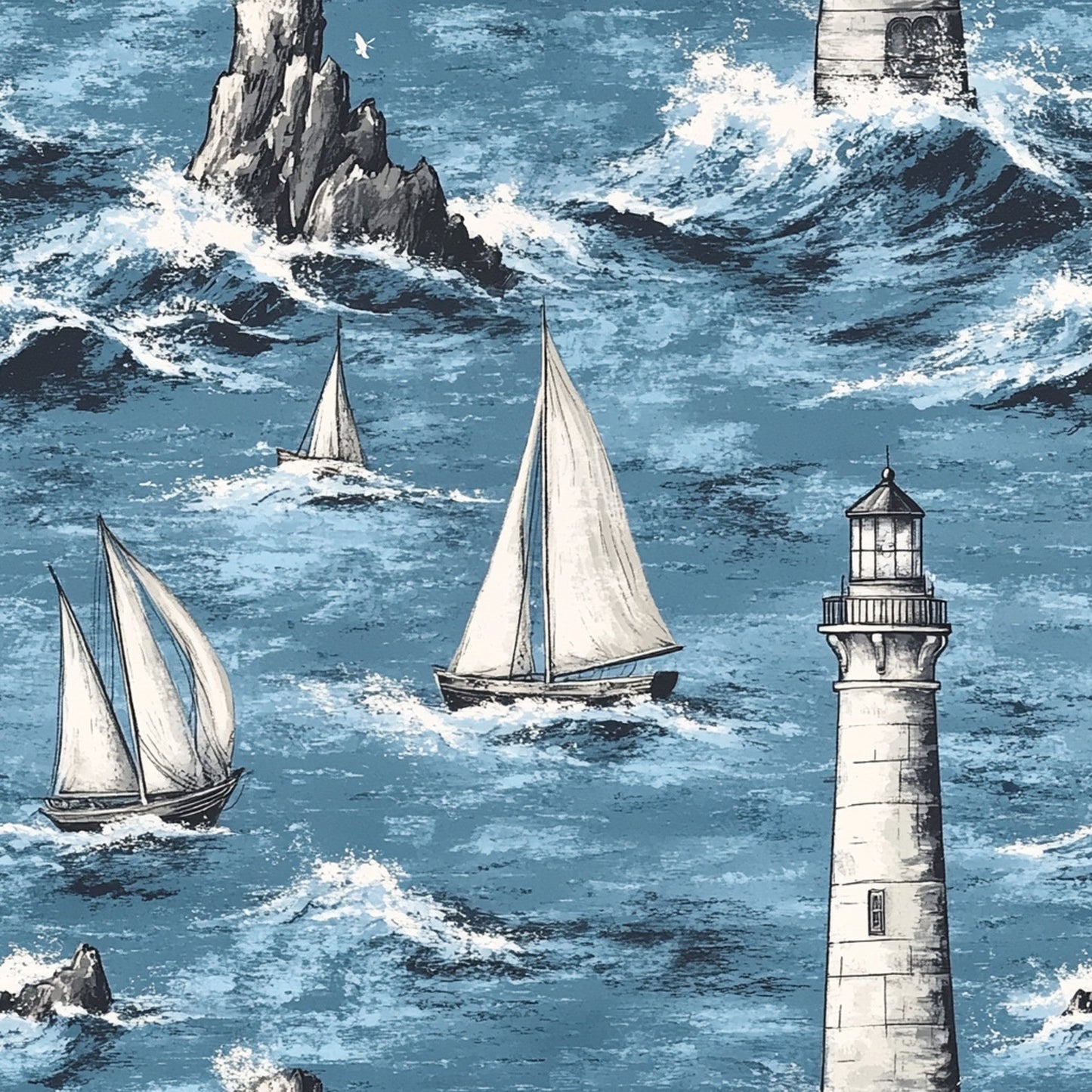 Lighthouse and Sailboats Pattern 3 Quilting Cotton Fabric