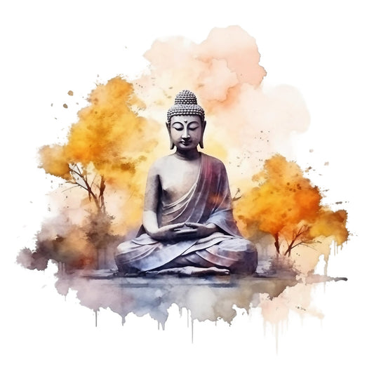 watercolor, buddha, meditation, spiritual, orange, peach, coral, gray, purple, autumn trees, serene, peaceful, lotus position, buddhist, zen, fabric panel, quilting cotton, artistic, tranquil, golden yellow, soft pastels, painterly style, mindfulness, contemplative